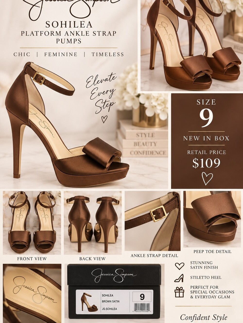 NIB Jessica Simpson Brown Satin Platform Ankle Strap Heels